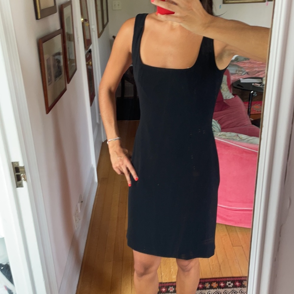 Aspesi sz 40 little black dress with darting detail at chest, falls to knee
